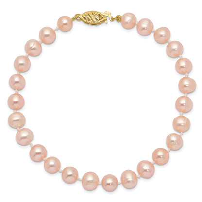 7.5 Zoll 14K 6-7mm Rosa Nahe Rund Süßwasser Zuchtperle Armband