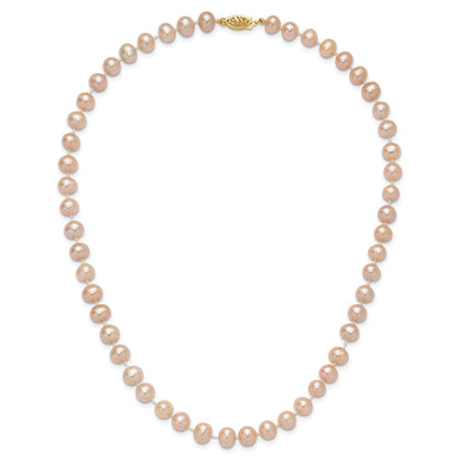 14K Gelbgold 7-8mm Rosa Nahe Rund Süßwasser Zuchtperle Halskette