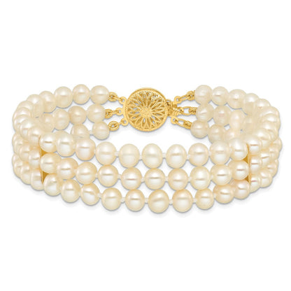 7.5 Zoll 14K 5-6mm Weiß Nahe Rund Fw Zuchtperle 3-strand Armband