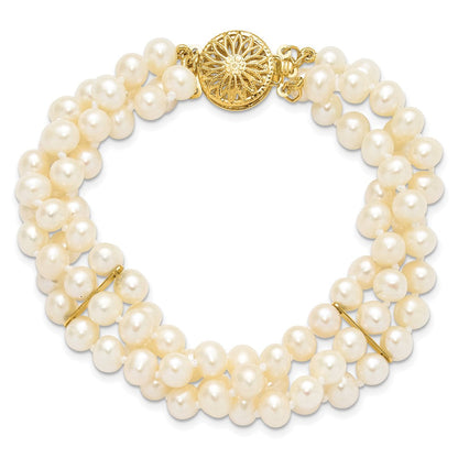 7.5 Zoll 14K 5-6mm Weiß Nahe Rund Fw Zuchtperle 3-strand Armband