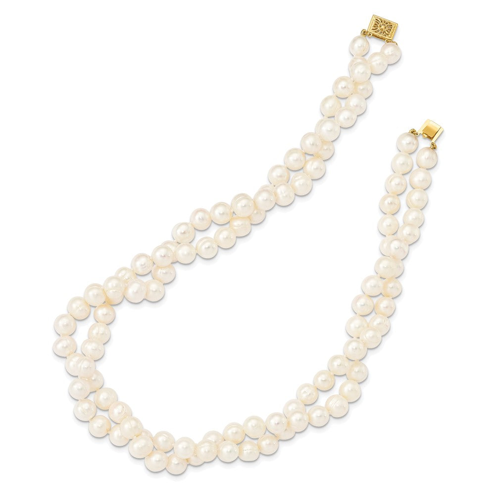 14K Gelbgold 7-9mm Weiß Süßwasser Zuchtperle 2-strand Halskette