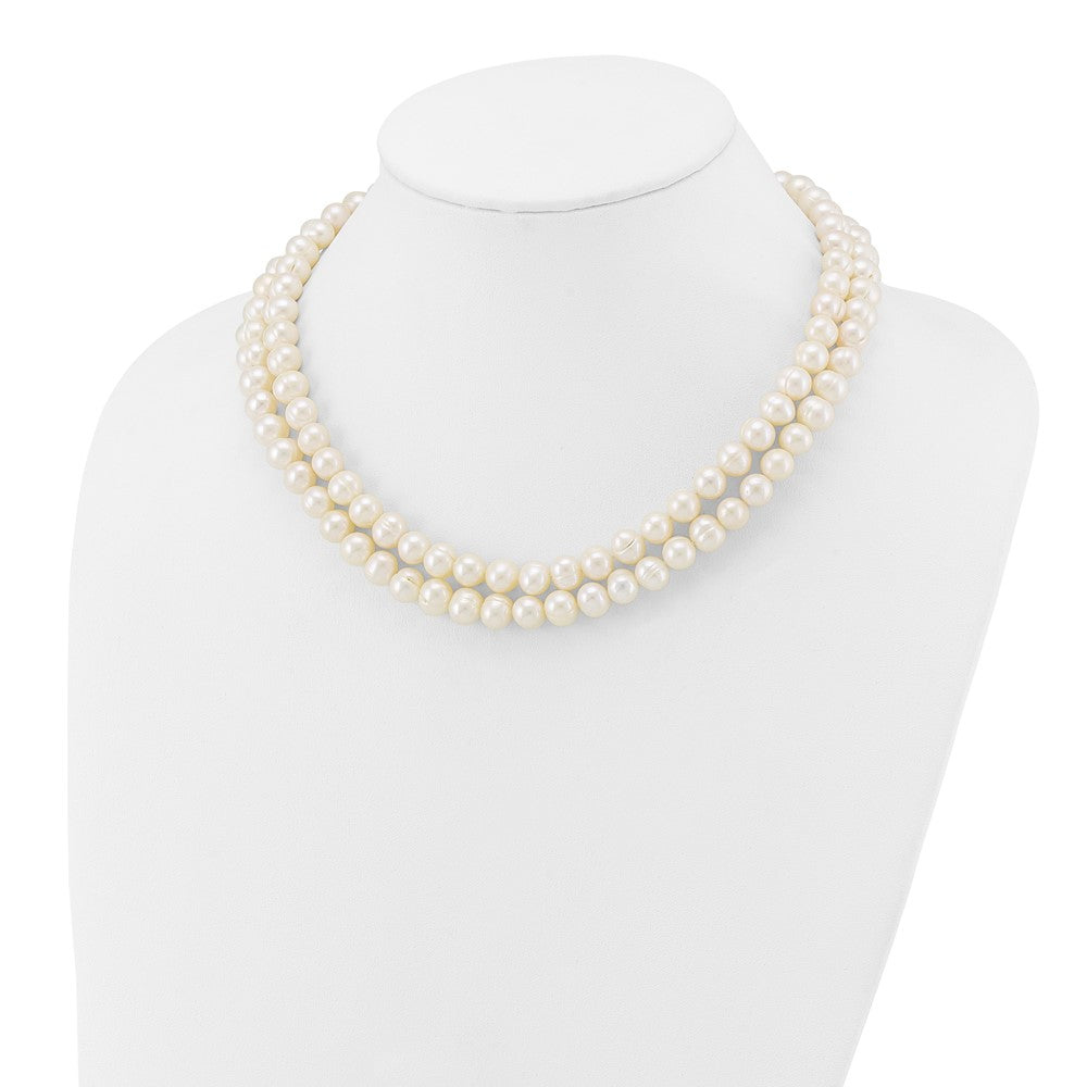 14K Gelbgold 7-9mm Weiß Süßwasser Zuchtperle 2-strand Halskette