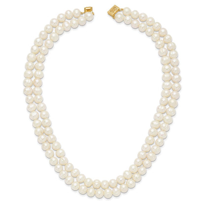 14K Gelbgold 7-9mm Weiß Süßwasser Zuchtperle 2-strand Halskette