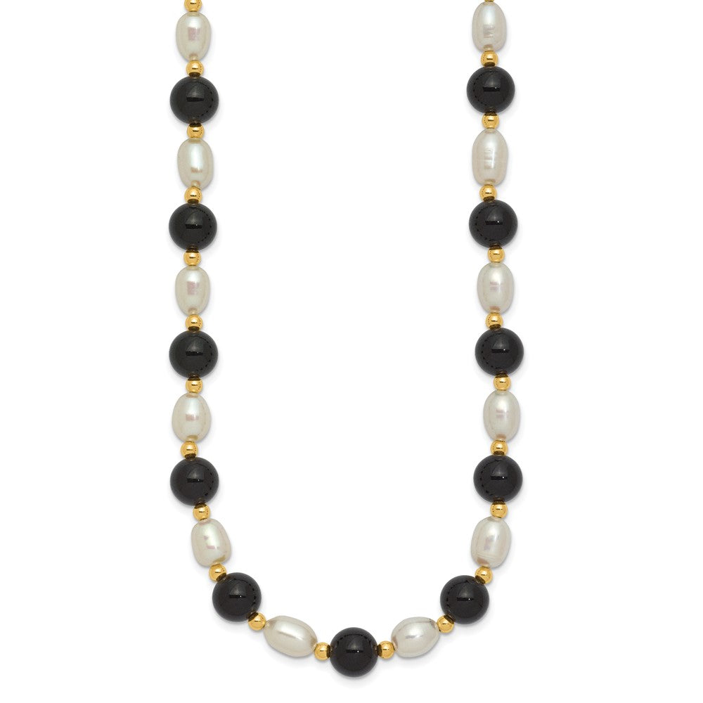14K Gelbgold 6-7mm Weiß Rice Fw Zuchtperle Onyx Perle Halskette