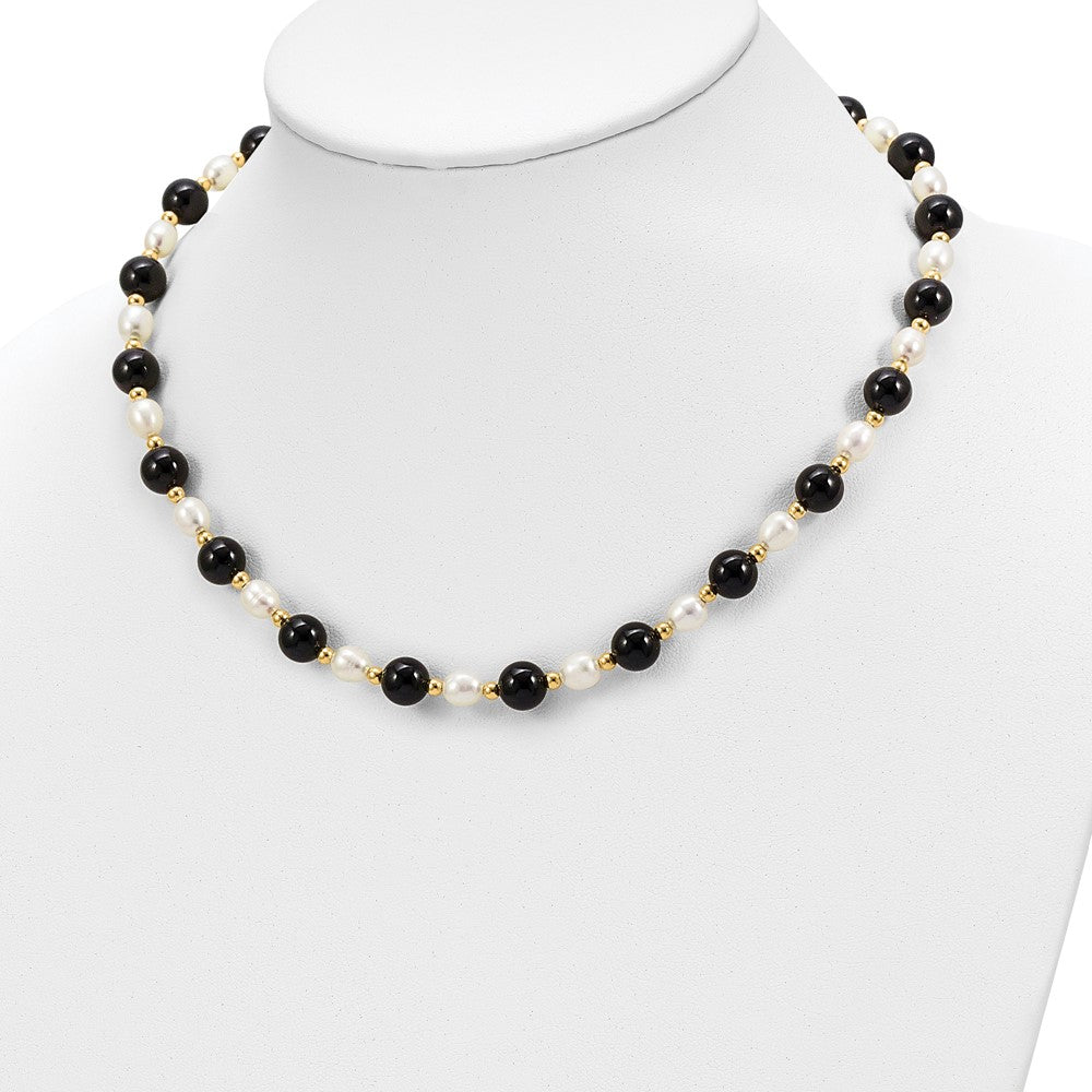 14K Gelbgold 6-7mm Weiß Rice Fw Zuchtperle Onyx Perle Halskette