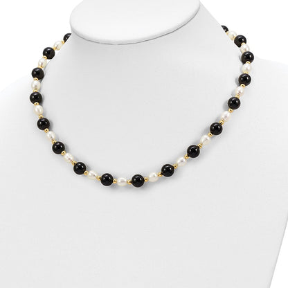 14K Gelbgold 6-7mm Weiß Rice Fw Zuchtperle Onyx Perle Halskette