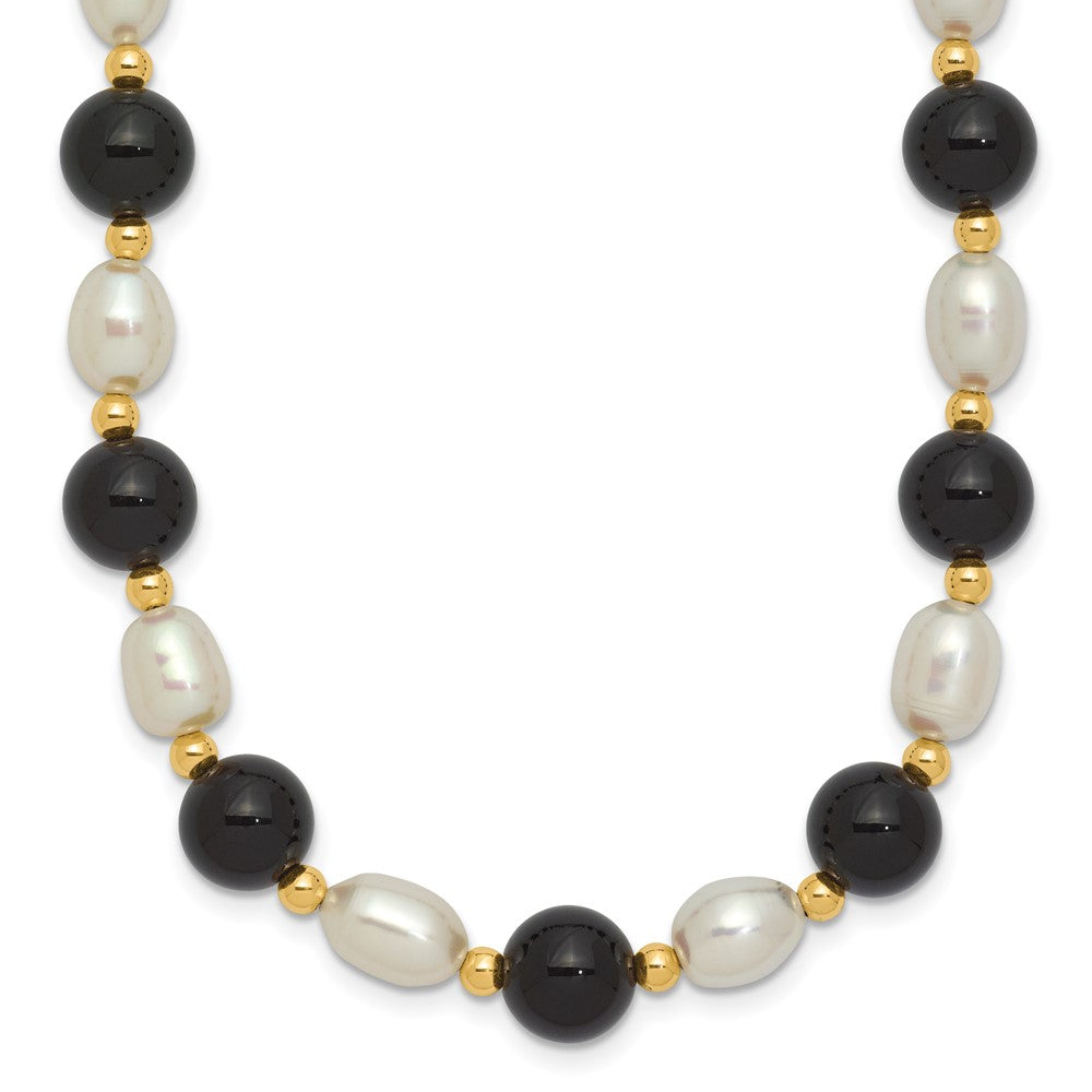 14K Gelbgold 6-7mm Weiß Rice Fw Zuchtperle Onyx Perle Halskette