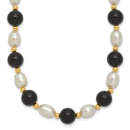 14K Gelbgold 6-7mm Weiß Rice Fw Zuchtperle Onyx Perle Halskette