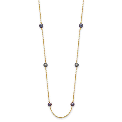 14K Gelbgold 5-6mm Schwarz Nahe Rund Süßwasser Zuchtperle 9-station Halskette