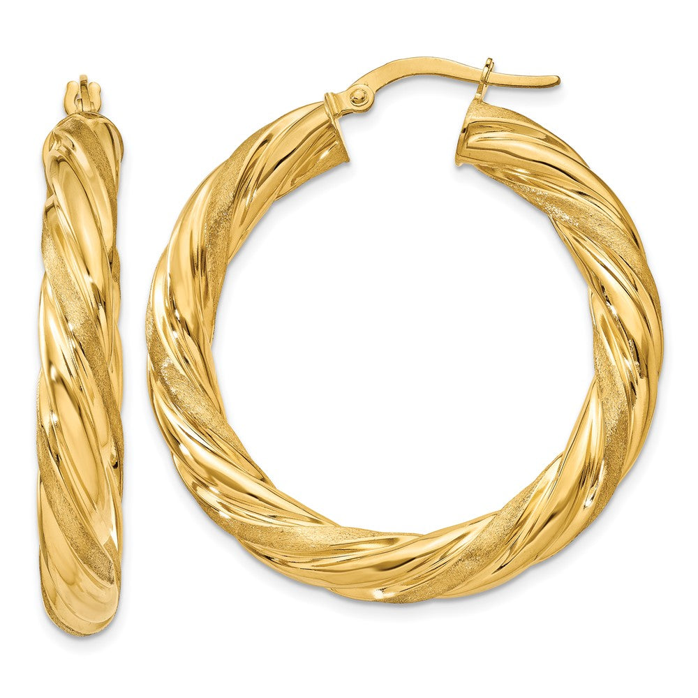 14K Gelbgold 5mm Satiniert & Poliert Gedreht Creolen