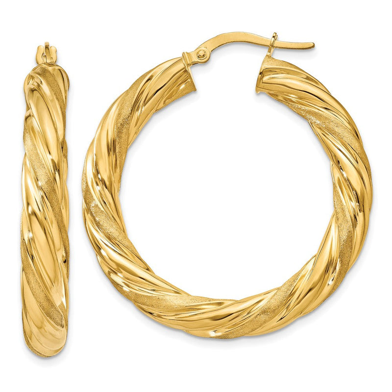 14K Gelbgold 5mm Satiniert & Poliert Gedreht Creolen