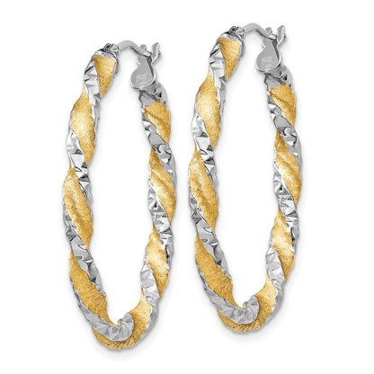 14K Weißgold & Gelb Rhodium Gedreht Diamantiert Oval Creolen