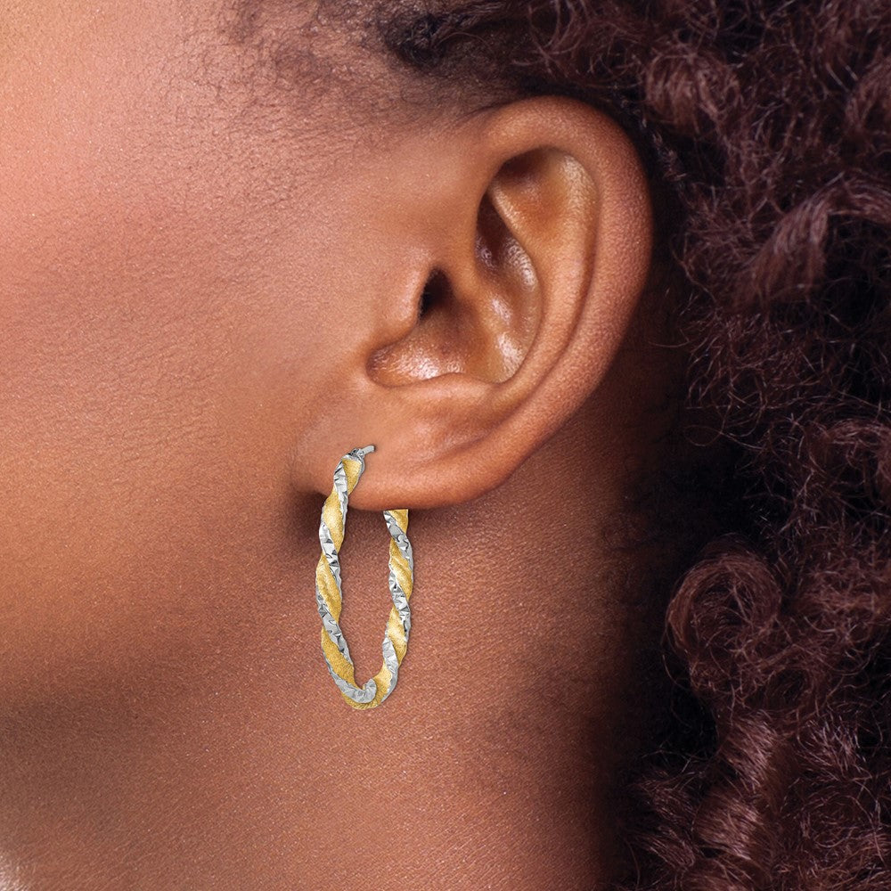 14K Weißgold & Gelb Rhodium Gedreht Diamantiert Oval Creolen