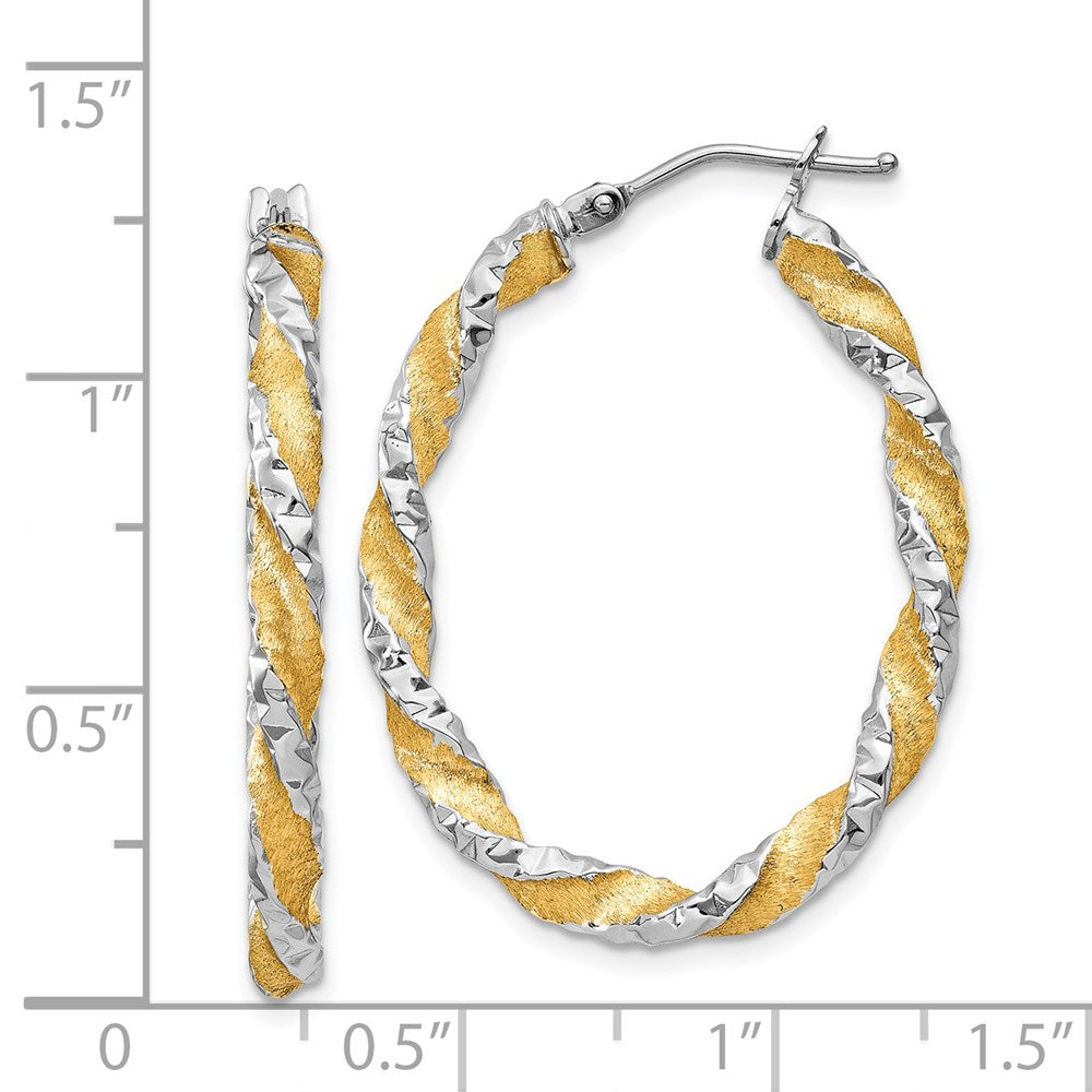 14K Weißgold & Gelb Rhodium Gedreht Diamantiert Oval Creolen