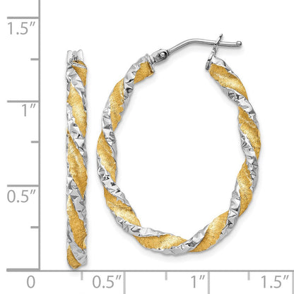 14K Weißgold & Gelb Rhodium Gedreht Diamantiert Oval Creolen
