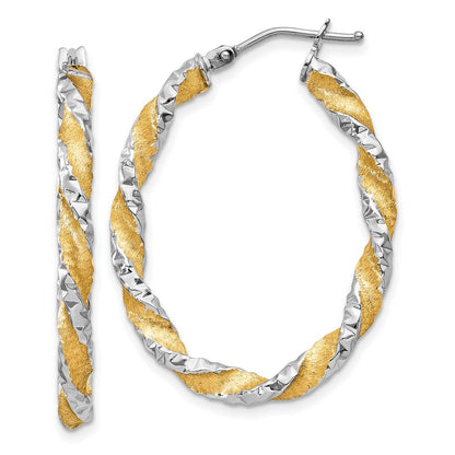 14K Weißgold & Gelb Rhodium Gedreht Diamantiert Oval Creolen