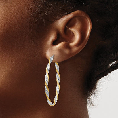 14K Weißgold & Gelb Rhodium Gedreht Diamantiert Oval Creolen