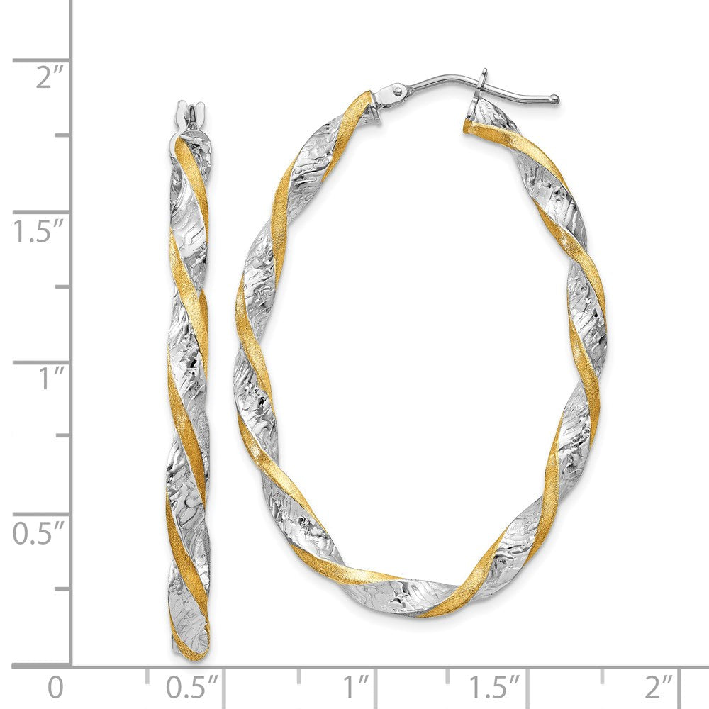 14K Weißgold & Gelb Rhodium Gedreht Diamantiert Oval Creolen