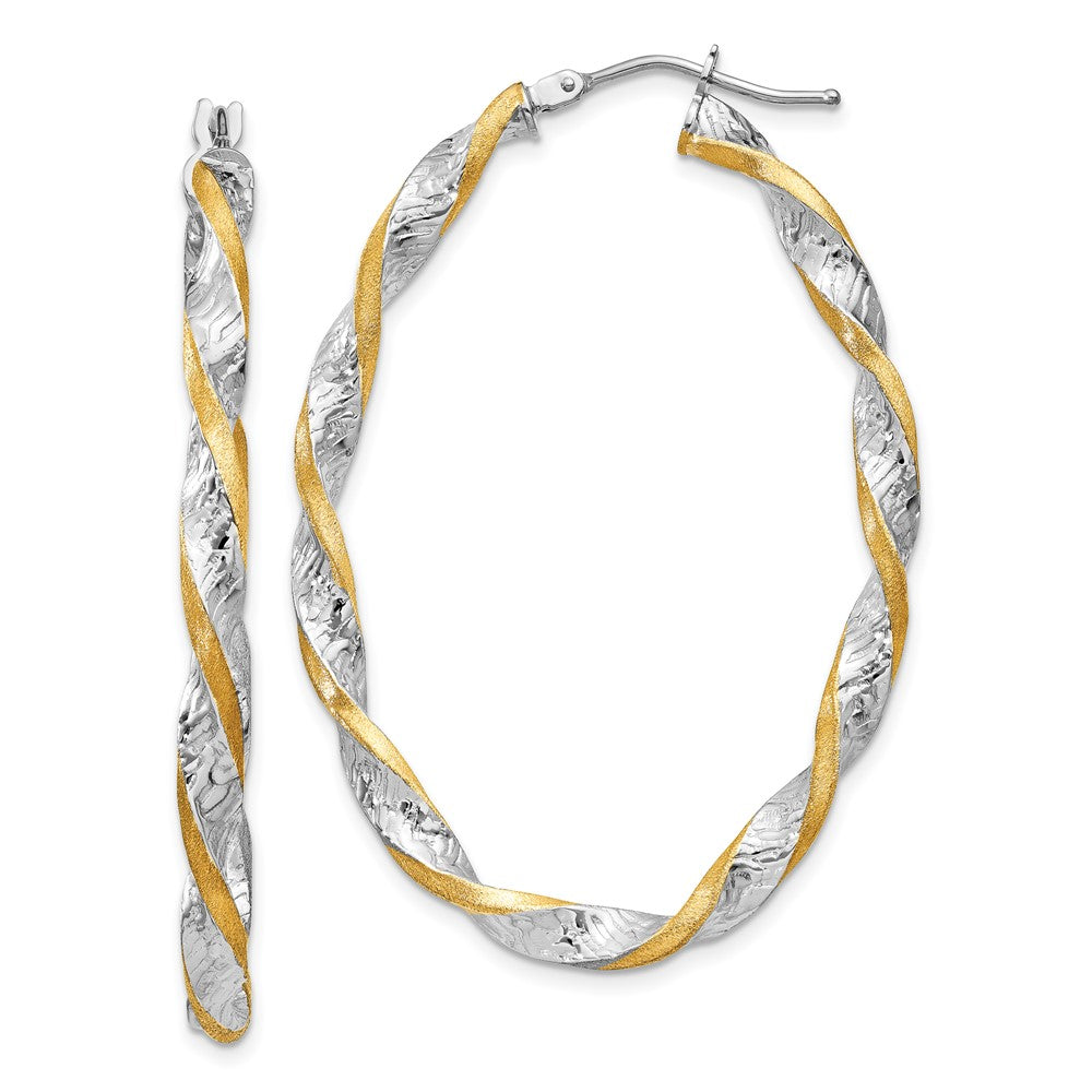 14K Weißgold & Gelb Rhodium Gedreht Diamantiert Oval Creolen