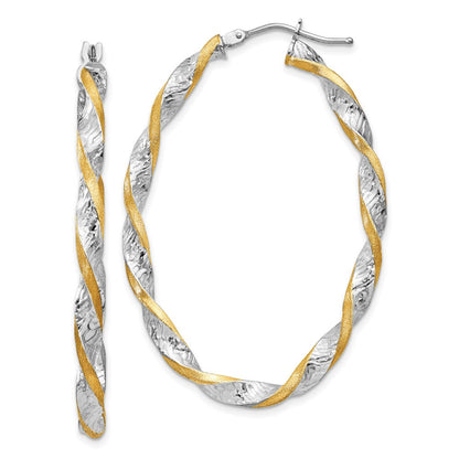 14K Weißgold & Gelb Rhodium Gedreht Diamantiert Oval Creolen