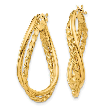 14K Gelbgold Strukturiert und Poliert Gedreht Oval Creolen