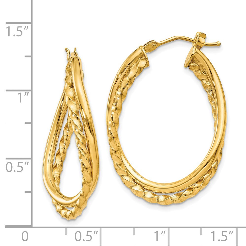 14K Gelbgold Strukturiert und Poliert Gedreht Oval Creolen