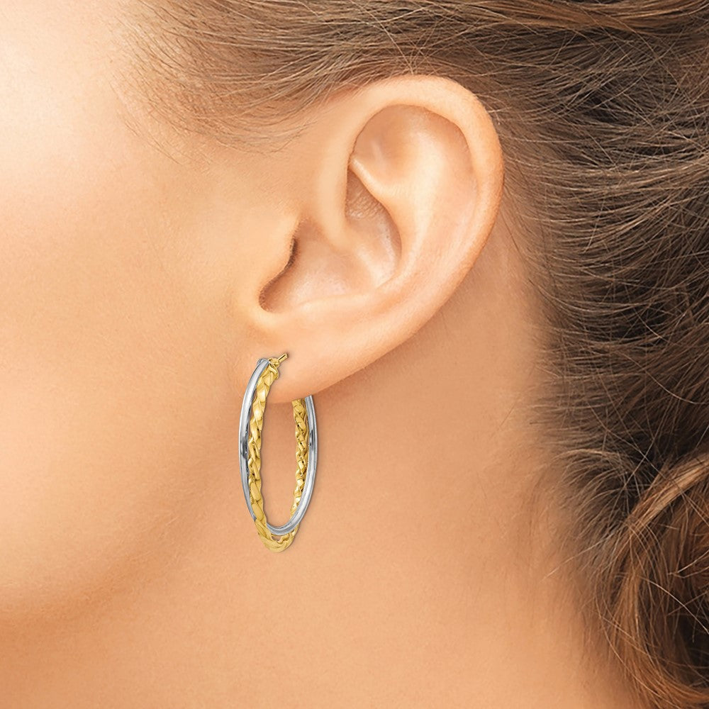 14K Bicolor Strukturiert und Poliert Gedreht Oval Creolen