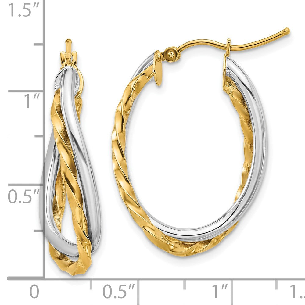 14K Bicolor Strukturiert und Poliert Gedreht Oval Creolen