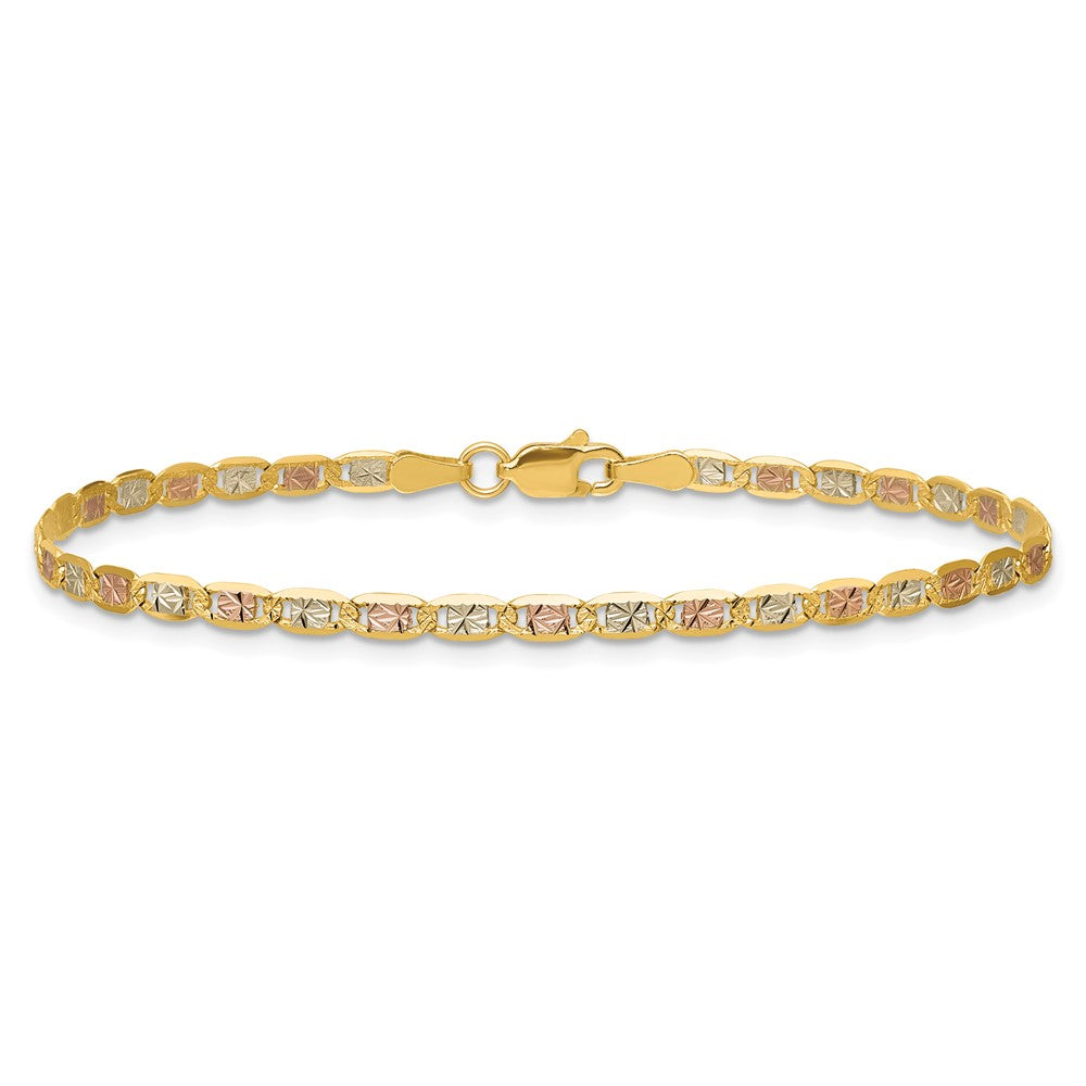 14K Tricolor 2.75mm Pavé Valentino mit Karabinerverschluss Gliederarmband