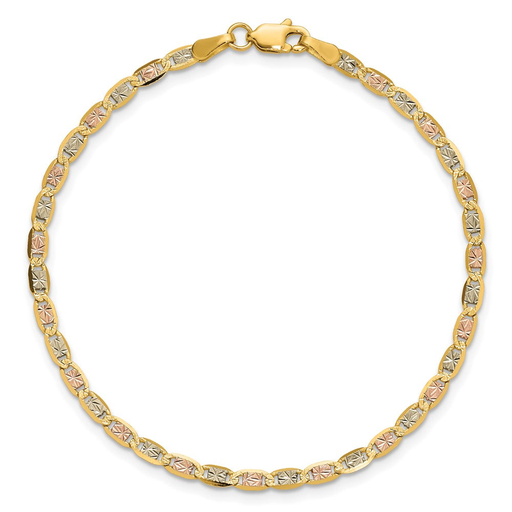 14K Tricolor 2.75mm Pavé Valentino mit Karabinerverschluss Gliederarmband