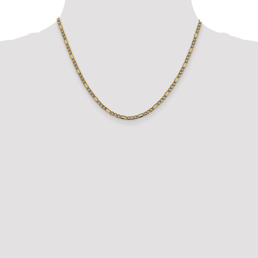 14K Gelb & Rhodium 3.2mm Halbmassiv mit Pavé Figaro Karabinerverschluss Halskette