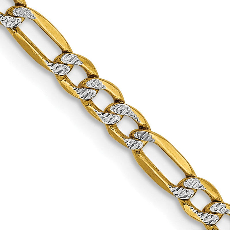 14K Gelb & Rhodium 3.2mm Halbmassiv mit Pavé Figaro Karabinerverschluss Halskette