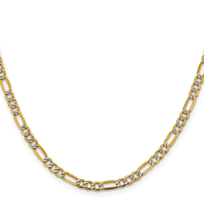 14K Gelb & Rhodium 3.9mm Halbmassiv mit Pavé Figaro Karabinerverschluss Halskette