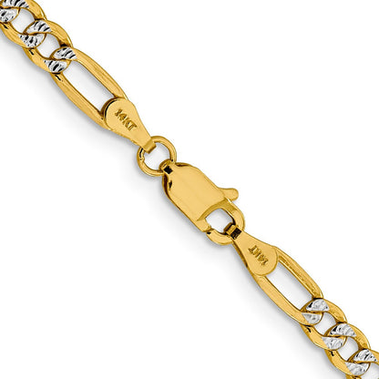 14K Gelb & Rhodium 3.9mm Halbmassiv mit Pavé Figaro Karabinerverschluss Halskette