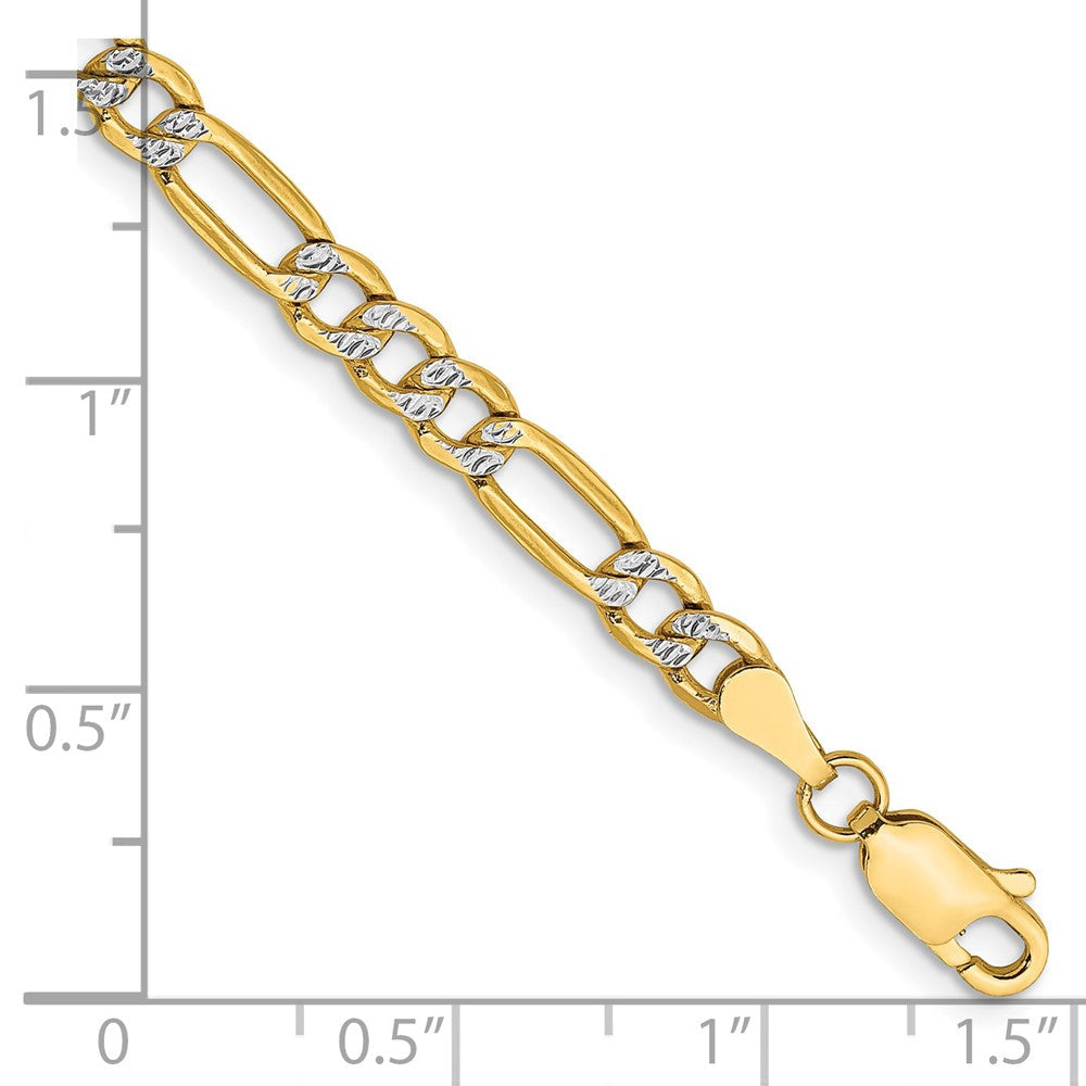 14K Gelb & Rhodium 3.9mm Halbmassiv mit Pavé Figaro Karabinerverschluss Gliederarmband