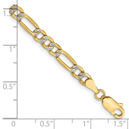 14K Gelb & Rhodium 3.9mm Halbmassiv mit Pavé Figaro Karabinerverschluss Gliederarmband