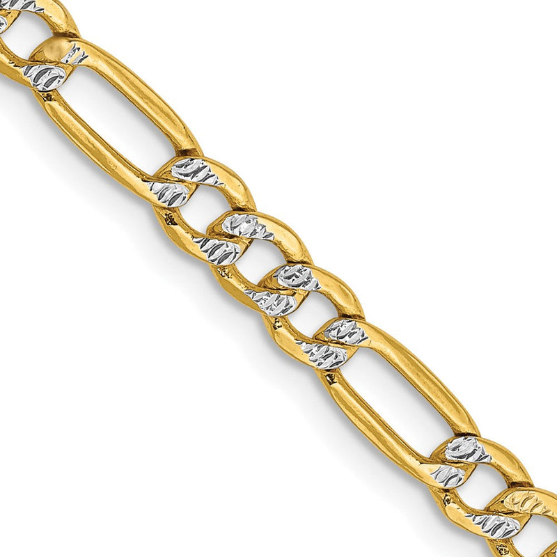 14K Gelb & Rhodium 3.9mm Halbmassiv mit Pavé Figaro Karabinerverschluss Halskette
