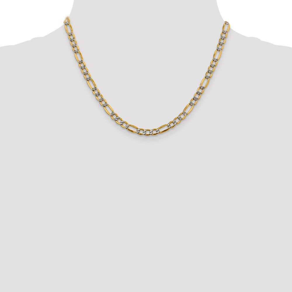 14K Gelb & Rhodium 5.25mm Halbmassiv mit Pavé Figaro Karabinerverschluss Halskette
