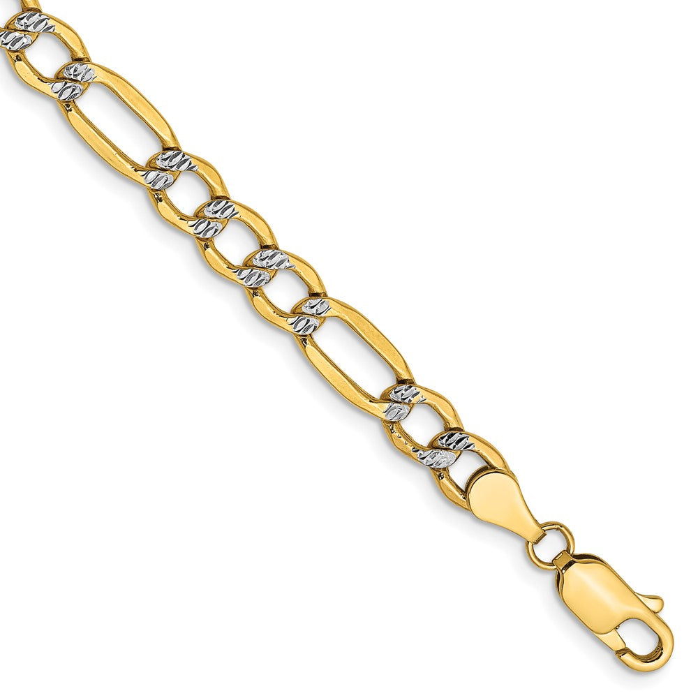 14K Gelb & Rhodium 5.25mm Halbmassiv mit Pavé Figaro Karabinerverschluss Gliederarmband