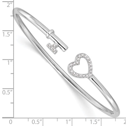 Sterlingsilber Rhodiniert Zirkonia Herz und Key Flexibel Armreif