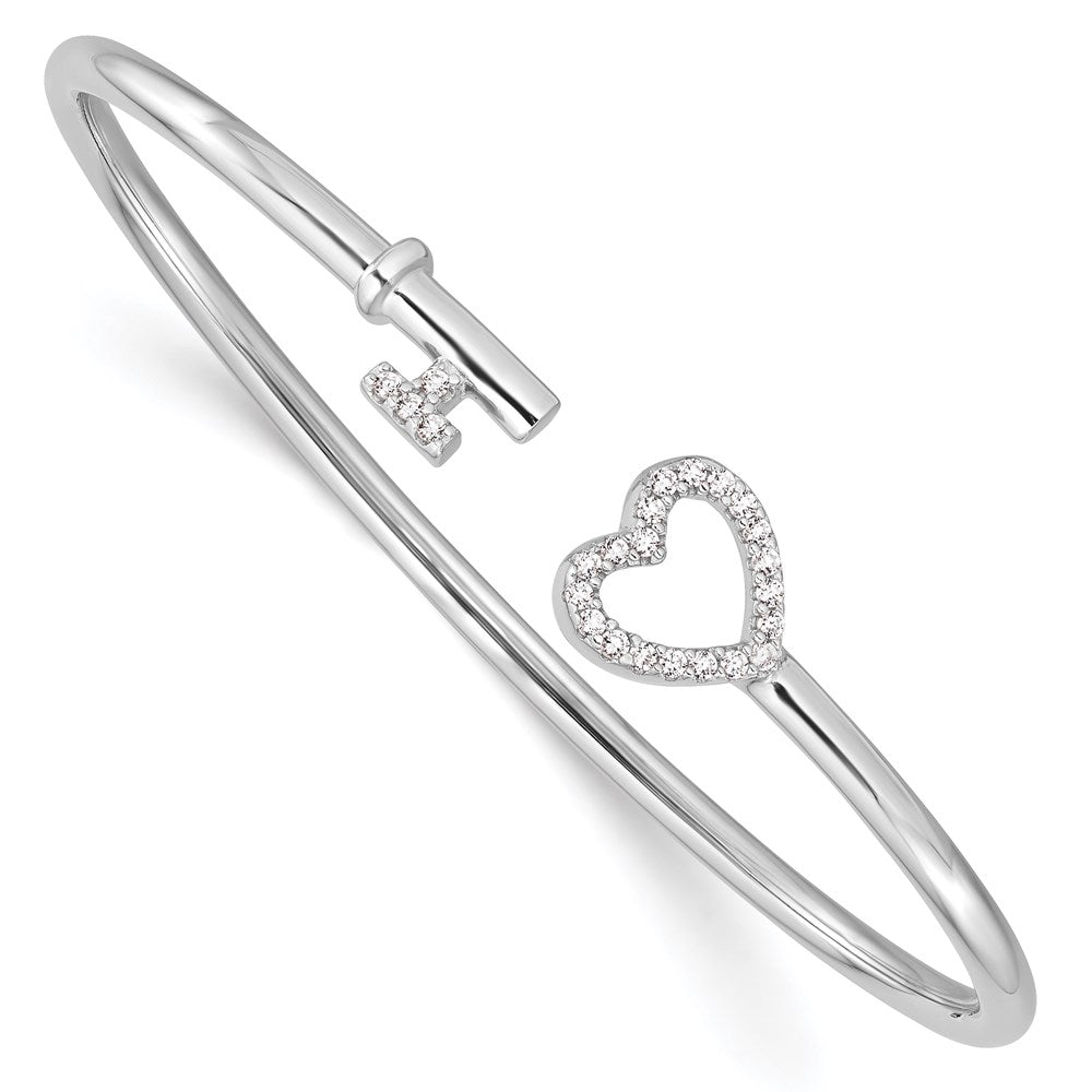 Sterlingsilber Rhodiniert Zirkonia Herz und Key Flexibel Armreif