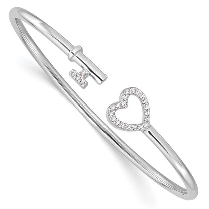Sterlingsilber Rhodiniert Zirkonia Herz und Key Flexibel Armreif