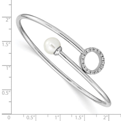 Sterlingsilber Rhodiniert-pl Imitat Muschel Perle und Zirkonia Flexibel Armreif