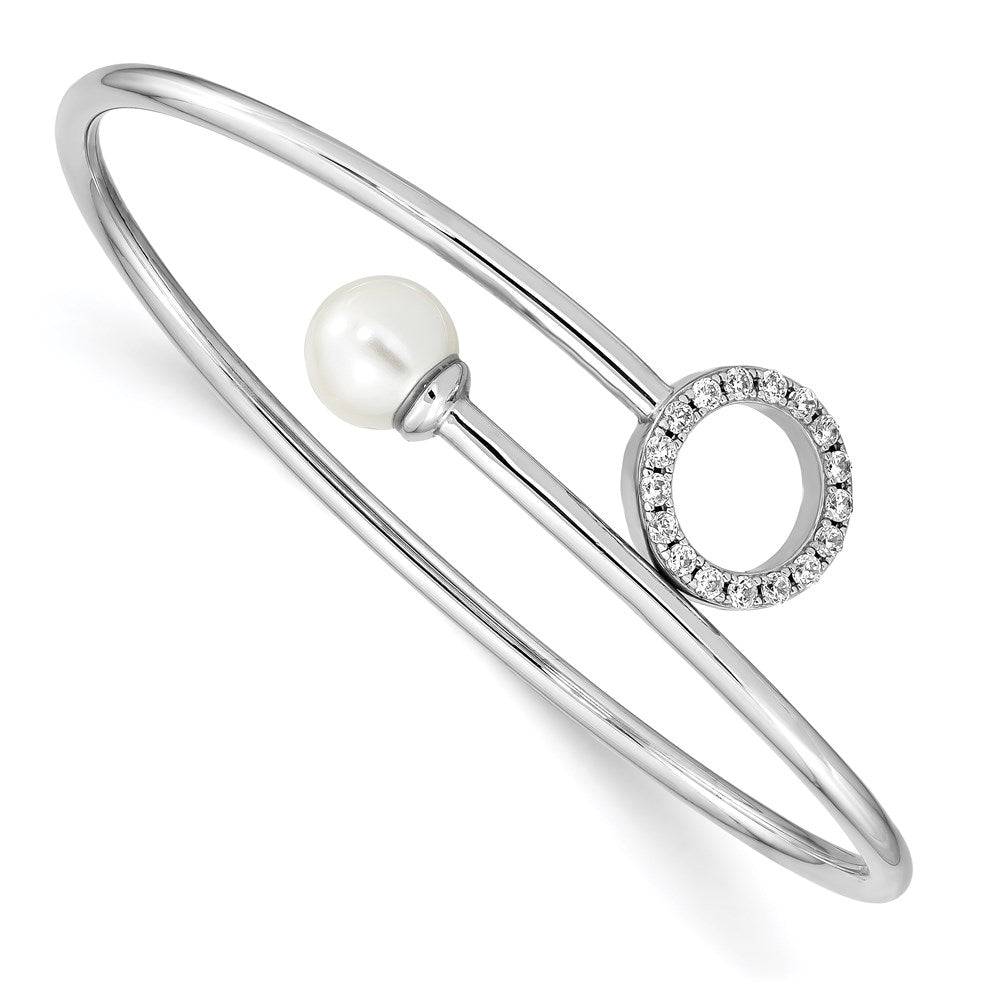 Sterlingsilber Rhodiniert-pl Imitat Muschel Perle und Zirkonia Flexibel Armreif
