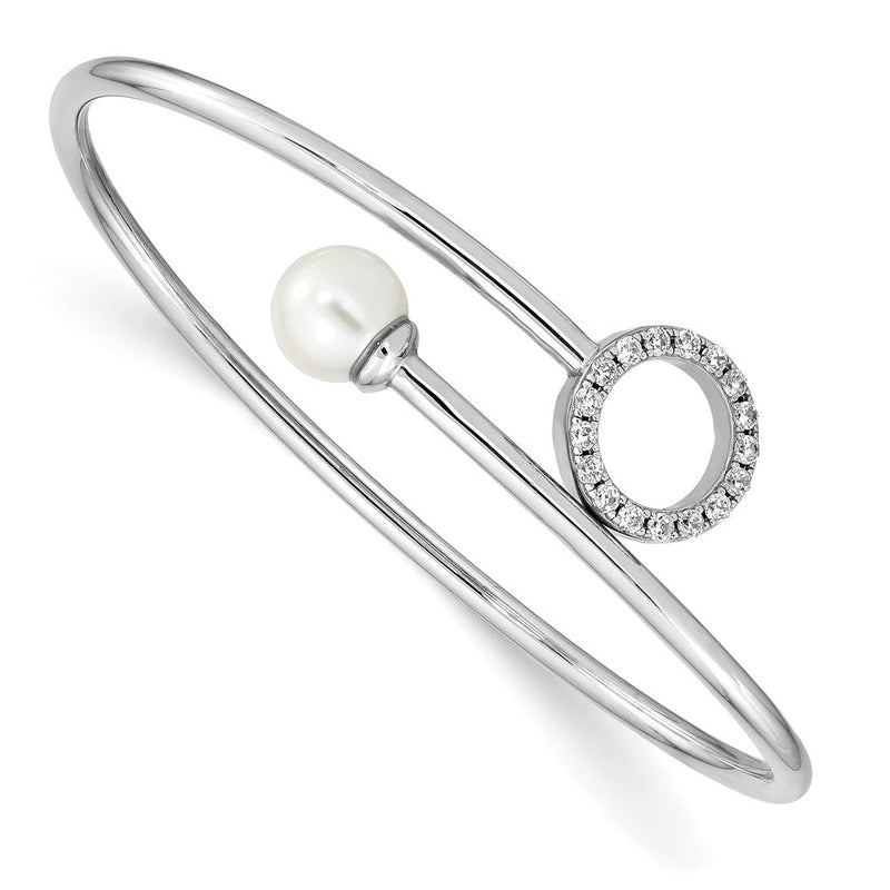 Sterlingsilber Rhodiniert-pl Imitat Muschel Perle und Zirkonia Flexibel Armreif