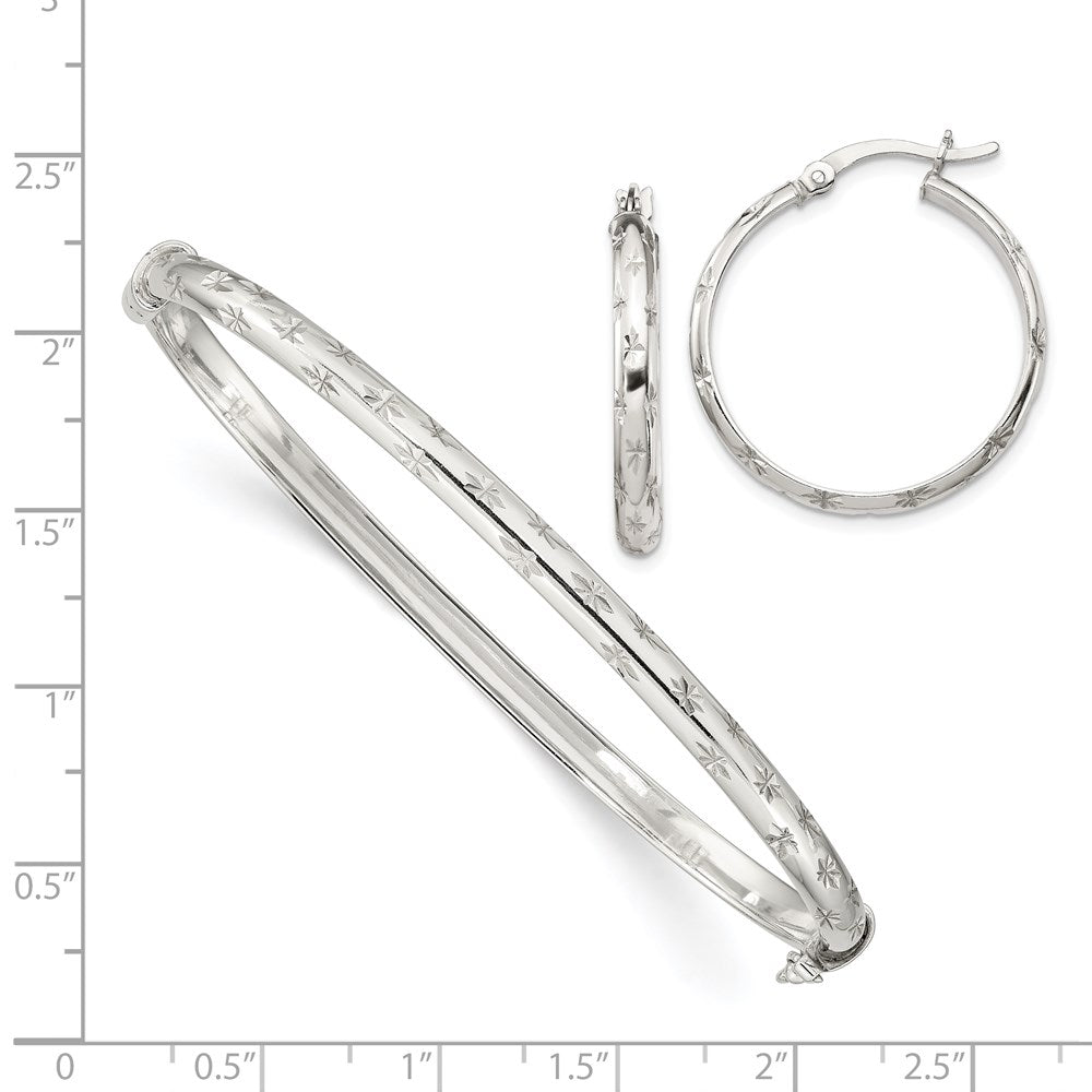 Sterlingsilber Diamantiert 4mm Armreif und 3mm Creole Ohrring Set