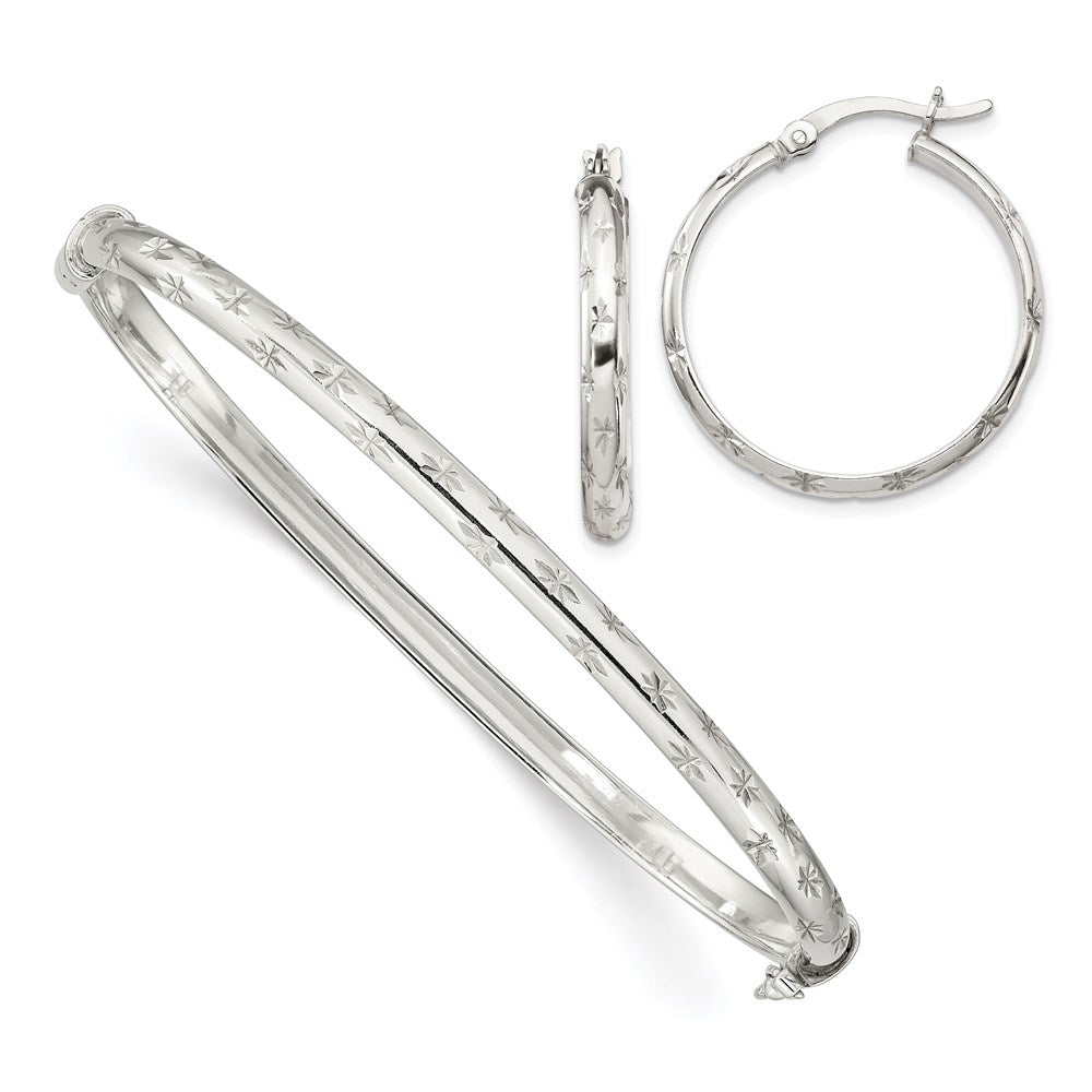 Sterlingsilber Diamantiert 4mm Armreif und 3mm Creole Ohrring Set