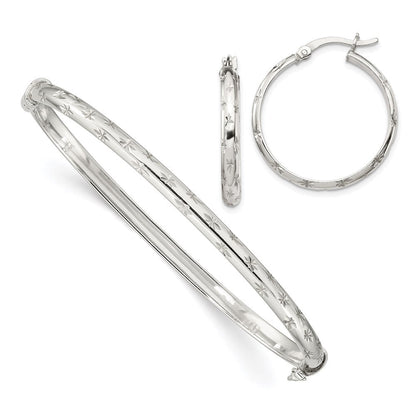 Sterlingsilber Diamantiert 4mm Armreif und 3mm Creole Ohrring Set