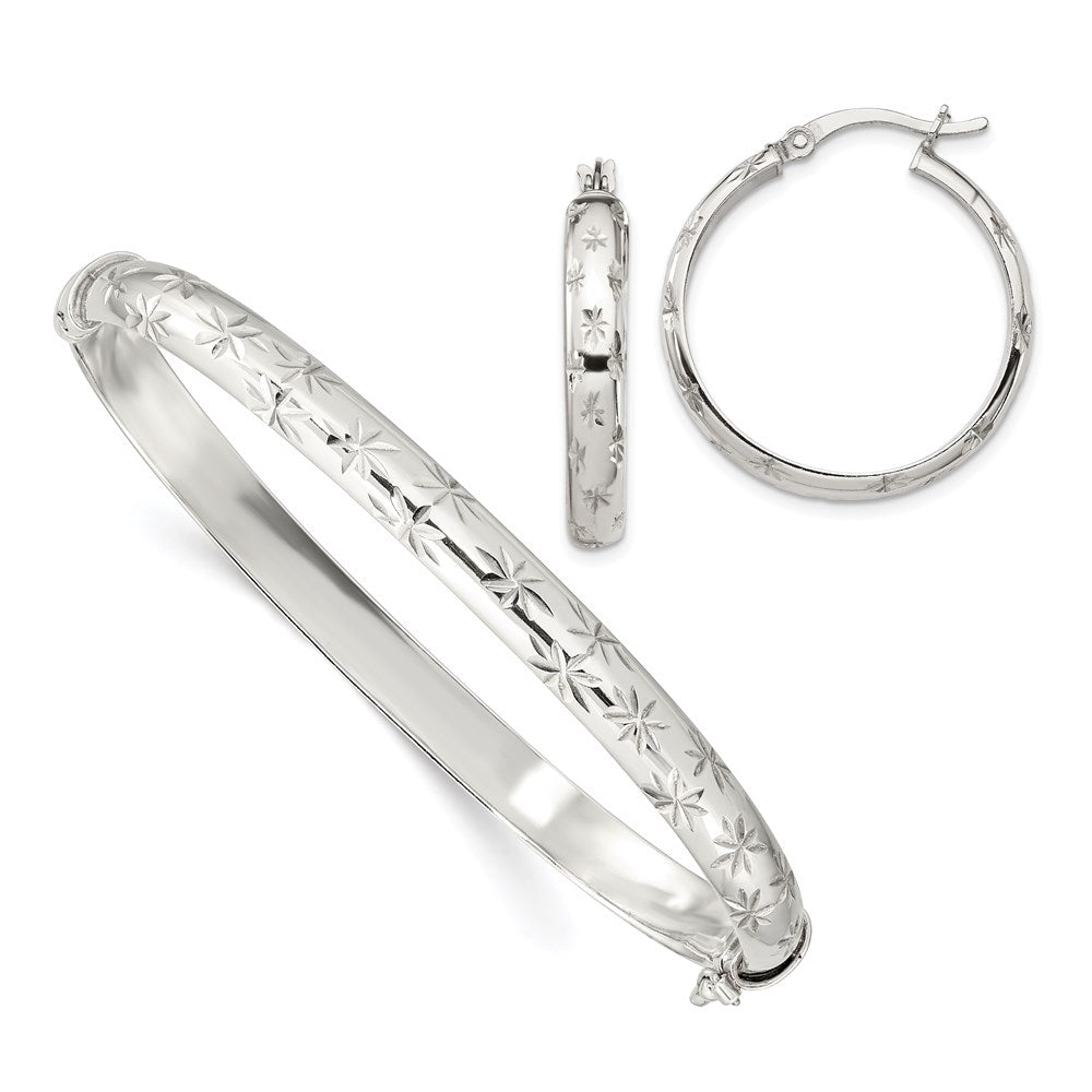 Sterlingsilber Diamantiert 6mm Armreif und 4mm Creole Ohrring Set