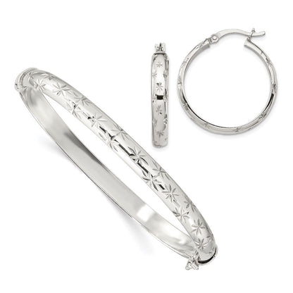 Sterlingsilber Diamantiert 6mm Armreif und 4mm Creole Ohrring Set